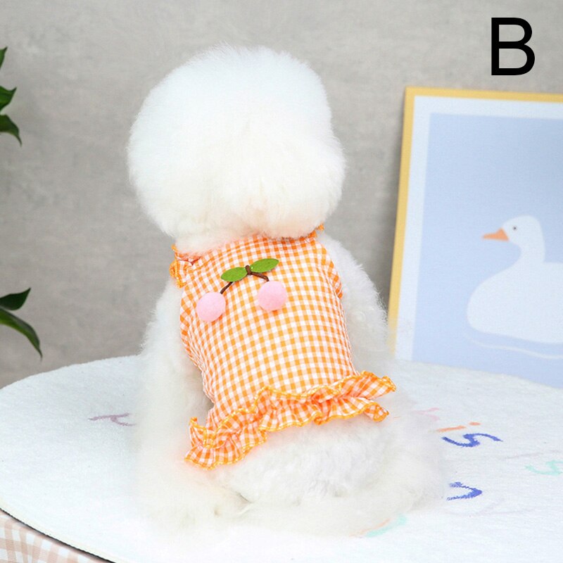 Ropa de verano para perros, vestido de tirantes de cereza a cuadros, falda fina con protector solar para perros pequeños, disfraz de Chihuahua, Bichon, caniche, vestidos para cachorros y mascotas: B / XL