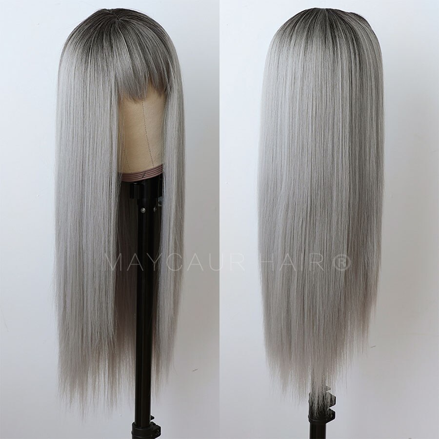 Maycaur Ombre Grey Long Straight Wigs for Women Black Gray Synthetic Hair Wigs with Bangs