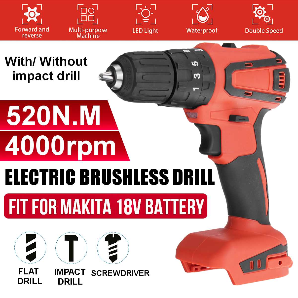 4000RPM Cordless Drill electric controller household 520Nm torque gear Impact drill Mini power tools Fit For Makita 18V Battery