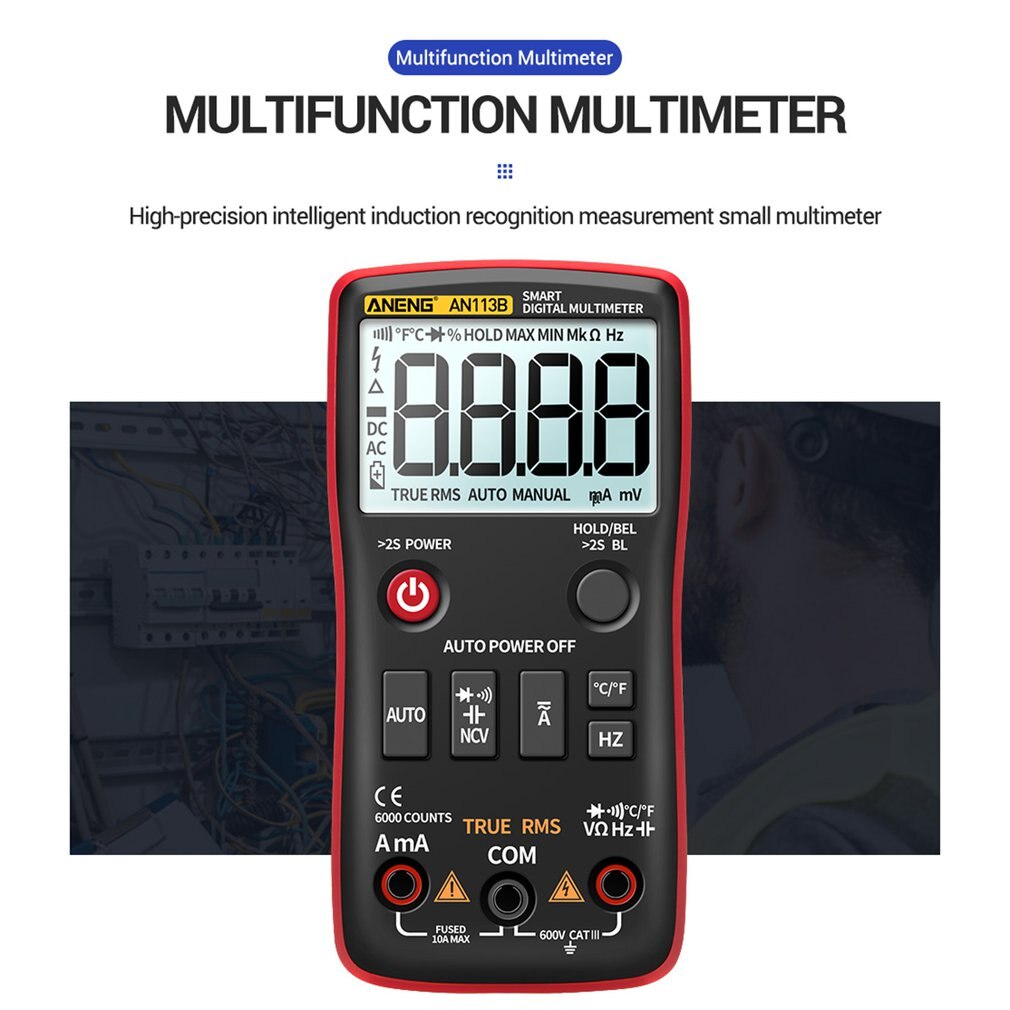 AN113B 6000 Count Multimeter Tester Fully Intelligent Automatic Range Digital Multimeter Transistor Voltmeter: Red