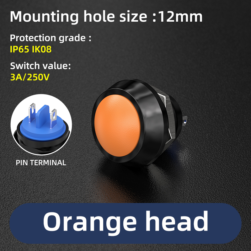 12 mm 1/2 Zoll Montageloch, IP65, bunt, gewölbter Mini-Schraubklemmen/Stiftklemme, wasserdichter Momentan-Drucktastenschalter: Orange