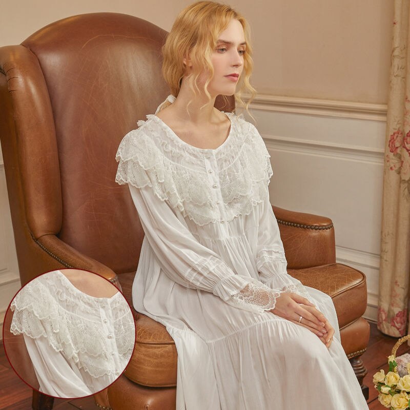 Victoriaanse Witte Nacht Jurk Vrouwen Lange Mouwen Romantische Vintage Nachtjapon Retro Prinses Nachtkleding Grote Maat Losse Peignoir Robe