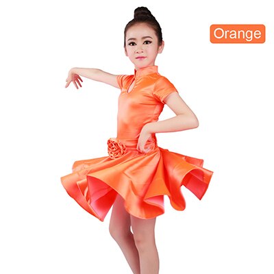 Nuevos vestidos de baile latino niñas niños baile de salón práctica trajes Rumba Samba Spandex brillante puesta en escena vestidos: GD1887 Orange / 160 height 150-160cm