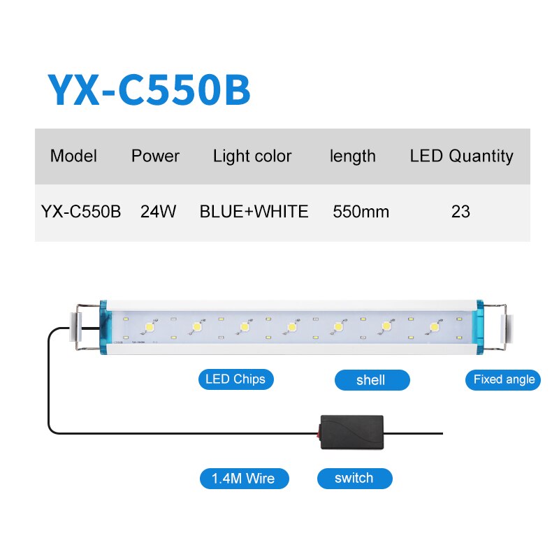 Super Bright Aquarium Light Fish Tank Plant Grow Lighting Aquarium Led Lighting 21-70CM Extensible Clip on Lamp For Fish Tank: YX-C550B