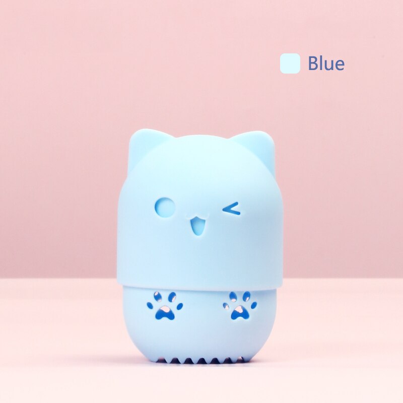 Esponja de silicona para maquillaje con forma de gato, caja de secado de huevos para maquillaje de belleza, caja de esponjas portátil para cosmética, Estuche de transporte, licuadora, soporte de esponja: Blue