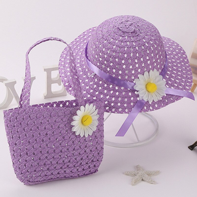 Boy Girl Child Straw Hats And Bag Set Summer Flowers Sun Hats For Kids Children Beach Hats Breathable Foldable Sunscreen Sun UV: 7--Suit