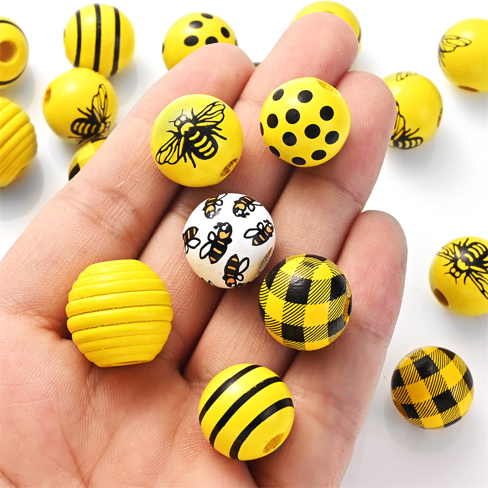 Ensemble de perles décoratives peintes en jaune, jolies perles en bois, perles d'espacement rondes, guirxiété de bricolage, décor de fête exécutif, 10 pièces