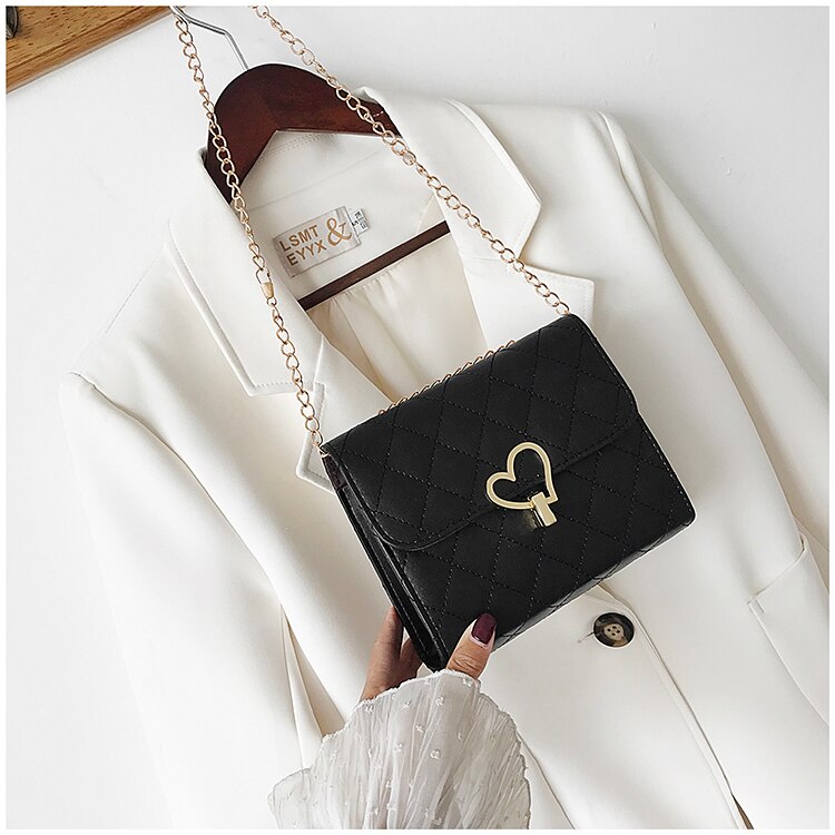 Women Lingge peach heart lock chain square PU Shoulder bag Crossbody Hand Bag Heart Messenger Chain handbag yellow