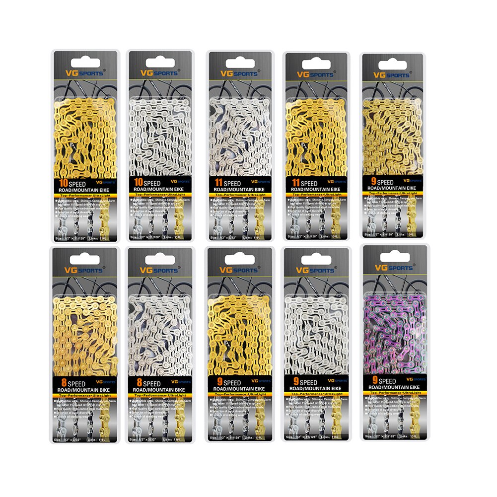 VG Sports Bicycle Chain 8 9 10 11 Speed Bicycle Chain Ultralight Bike Chain 116 Links MTB Road Bike Half Hollow Chain Bike Tools