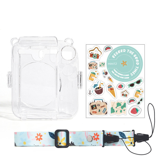 Funda transparente para cámara Fujifilm Instax Mini 12, funda protectora para bolsa de transporte con correa para el hombro, bolsa de almacenamiento de tres piezas: Rojo / rosa