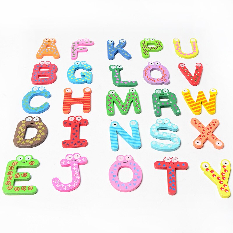 Brinquedos para bebês, 26 peças de letras, alfabeto de madeira para crianças, ímã de geladeira educacional, adesivo de geladeira lbv