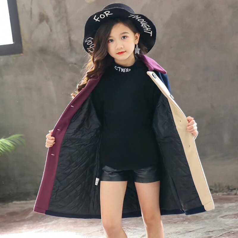 Autumn Winter Long Wool Coat for Girls Teenager Jacket Clothing Outfit Girl Wool Blends Outerwear Kids Thick Warm Outerwear Coat