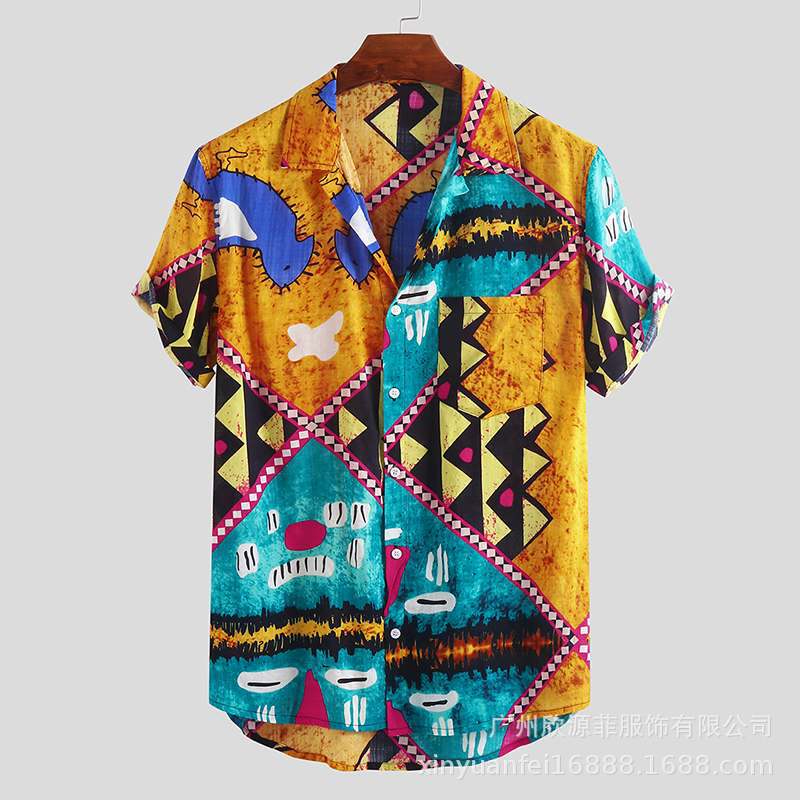 Men Beach Shirt Purple Print Short Sleeve Lapel Neck Button Leisure Hawaiian Shirts Men's Short Sleeve Button Tops Summer: Yellow / XXXL