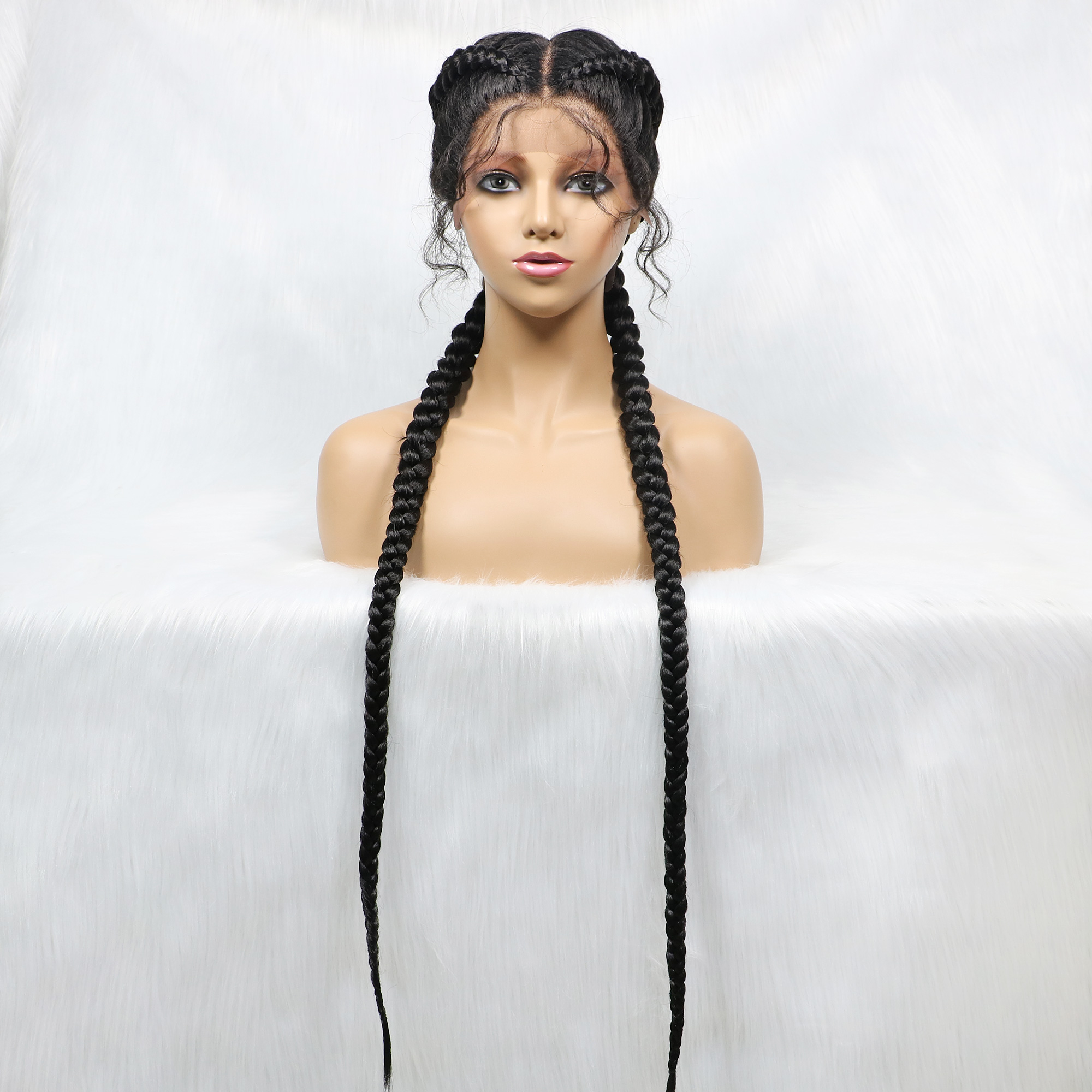 Pelucas trenzadas sintéticas con encaje frontal de 36 pulgadas de largo, peluca con trenzas para gemelos holandeses con pelo de bebé para mujeres negras: #1