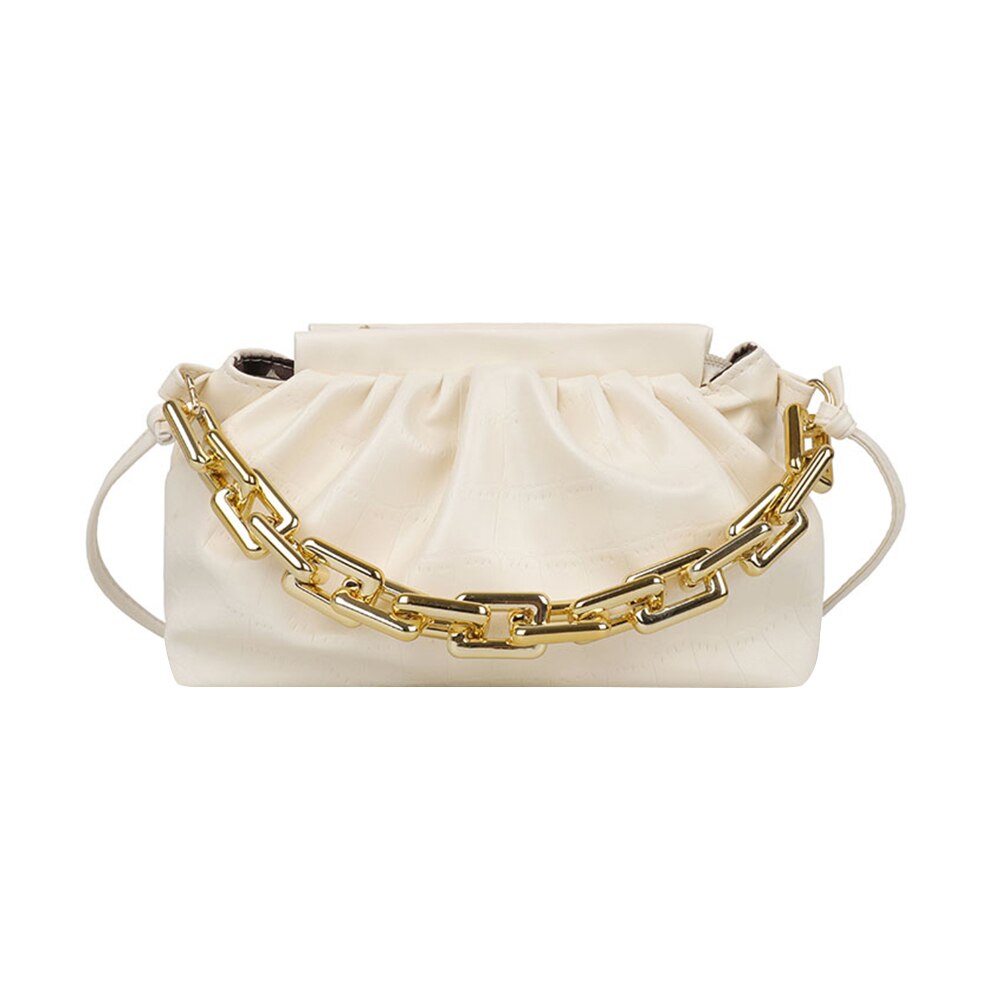 Sacs à main plissés en cuir PU pour femmes, sacs à bandoulière à motif de pierre rétro, sacoche à épaule couleur unie avec chaîne: Style A Beige