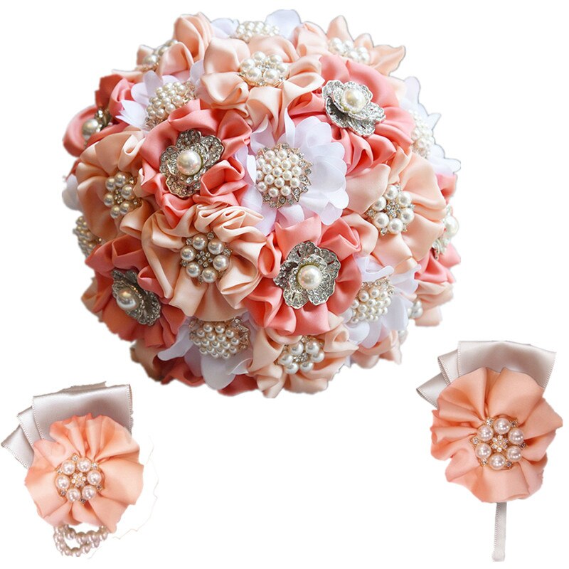 Ramo de novia de cristal Artificial para dama de honor, conjunto de pulsera con ramillete de flores, rosa,: Pink White Set