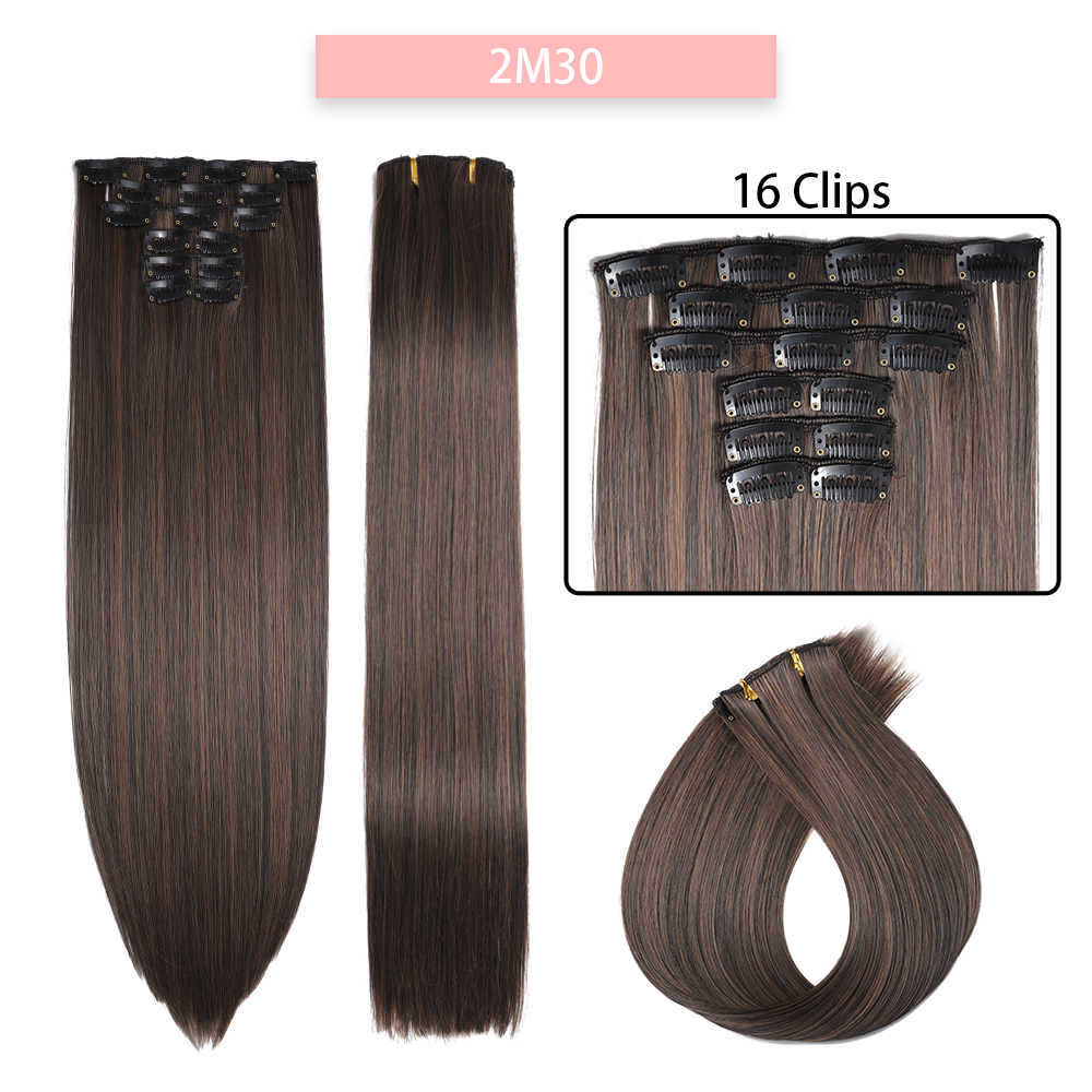 24 inch Synthetische Lange Rechte Kapsel 16 Clips 6 stks/set Hair Extensions Blond Zwart Haarstukjes Hittebestendig Voor Vrouwen