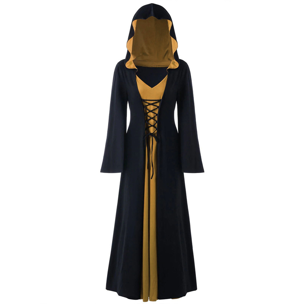 Medieval Dress For Women Lace-up Vintage Hooded Cloak Robe Adult Costume Retro Cosplay Halloween Scary Vampire Witch Long Dress: S / Khaki
