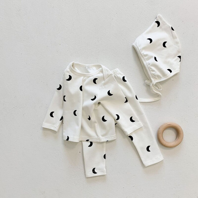 2022 Spring Baby Girl Boy Pajamas 3pcs Sets Long Sleeves Cotton T-shirt+Pants+Cap+Cap Newborn Sleepwear Kids Homewear E3633: white / 100cm 24-36Months