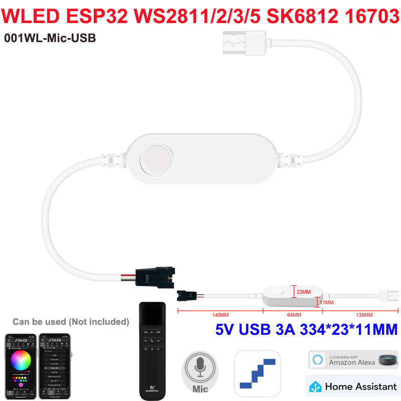 1-10WLED GLEDOPTO RGB Strip Lights with Mic LED Controller ESP32 Music Dynamic Modes for WS2811 WS2812B SK6812 WS2813 WS2815 DIY