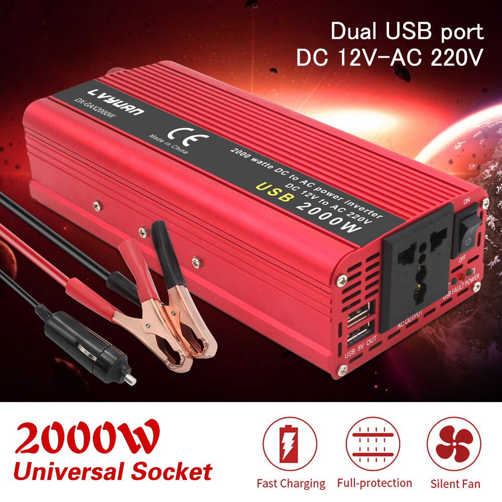 Portable Car Inverter 1500W 2000W DC 12V to AC 220V Volt Power Charger Converter 2USB Adapter Transformer Auto Accessories Solar