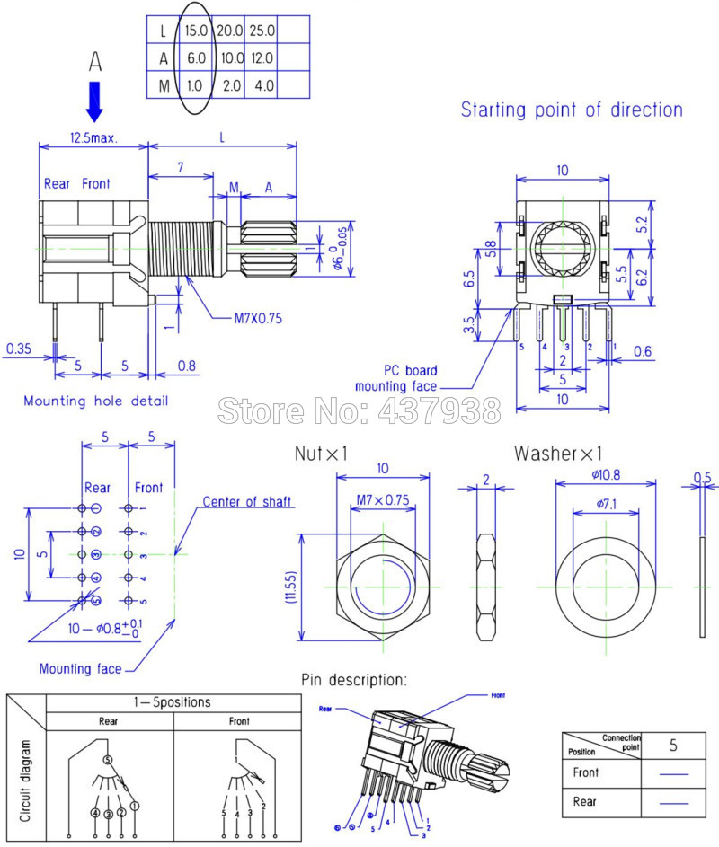 5pcs RS1010 band switch rotary switch gear change switch 1 pole 5 position 2 pole 4 position 3 position