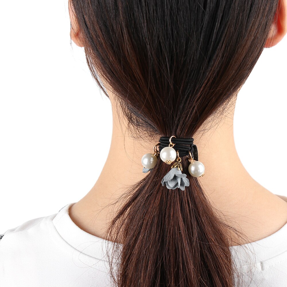 1 pièces haute élastique Rose fleur corde simulé perles bandes de cheveux Stretch cravate pour les filles élastique pour queue de cheval coiffure Scrunchy