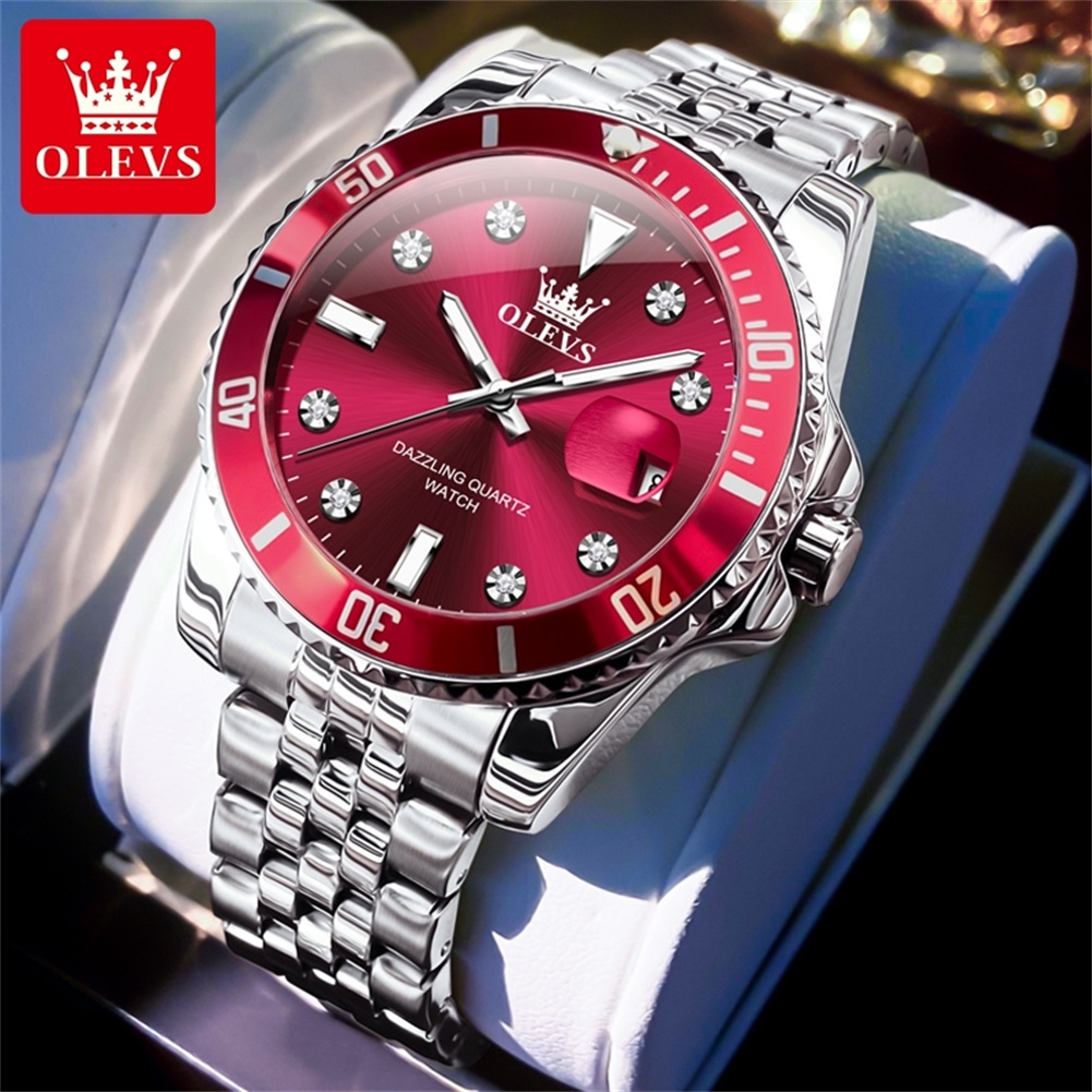 Olevs Originele Luxe Mannen Horloge Kalender Groen Waterdicht Quartz Horloge Voor Mannen Rvs Band Lichtgevende Diamant Schaal: Bruin