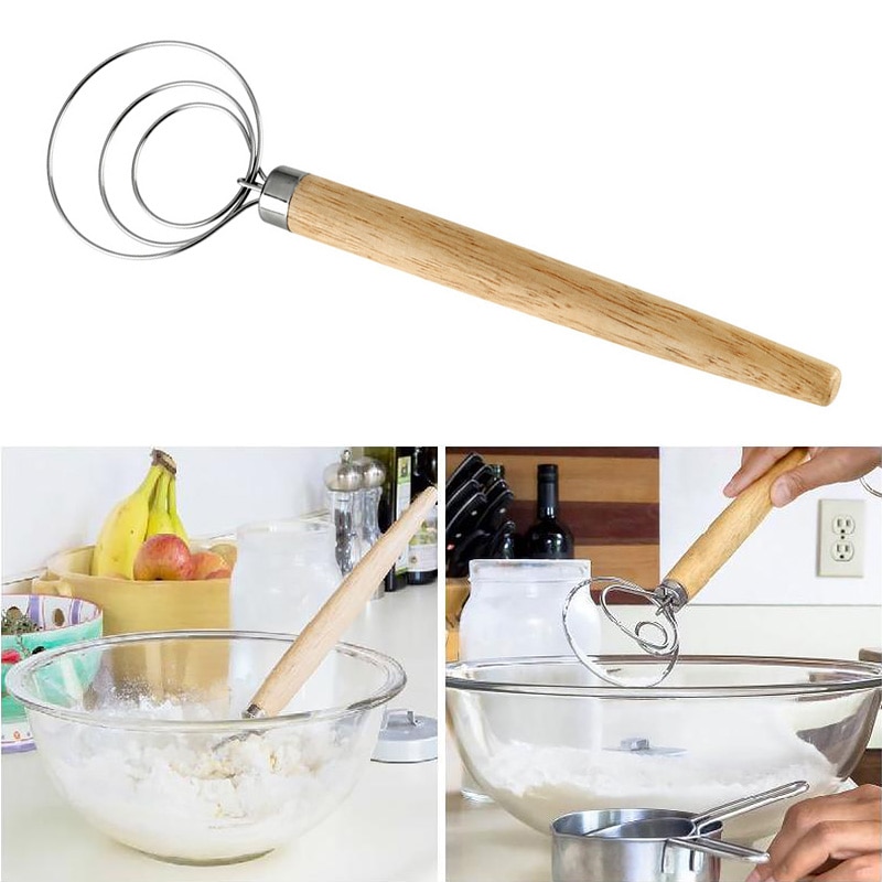 Batidor de huevos, agitador de bobina de harina, batidor danés, palo de madera de roble, manejo de la licuadora de cocina, batidor de huevos, herramientas manuales, utensilio mezclador de crema de huevo