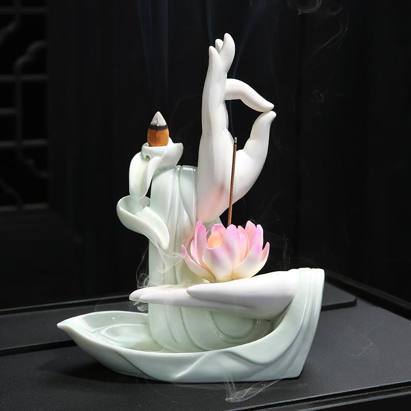 Buda de cerámica blanco quemador de incienso de mano cascada de humo soporte de incienso flor de loto palo incensario decoración budista: 3
