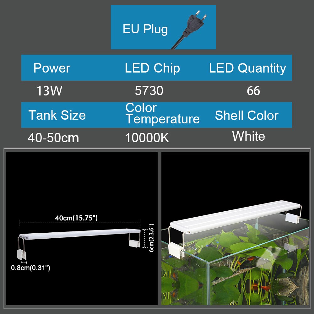 Akvarium led lys utvidbart slankt, dimbart clip-on akvarie lys 5w/6w/8w/10w/11w/13w/16w/20w fisketank led lampe belysning: 13w- eu -220v