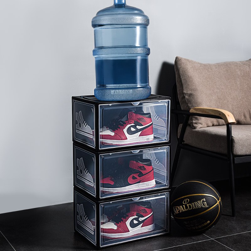 Dammtät aj sneakers förvaringslåda, härdad skolåda av plast, stapelbart skåp, höga skoorganisatörer, ställ , 2 st