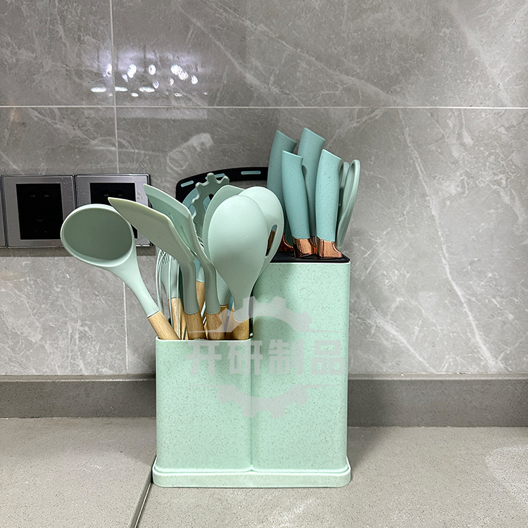 Utensilios de cocina de silicona con mango de madera, juego de ollas antiadherentes, Cubo de almacenamiento, 19 piezas