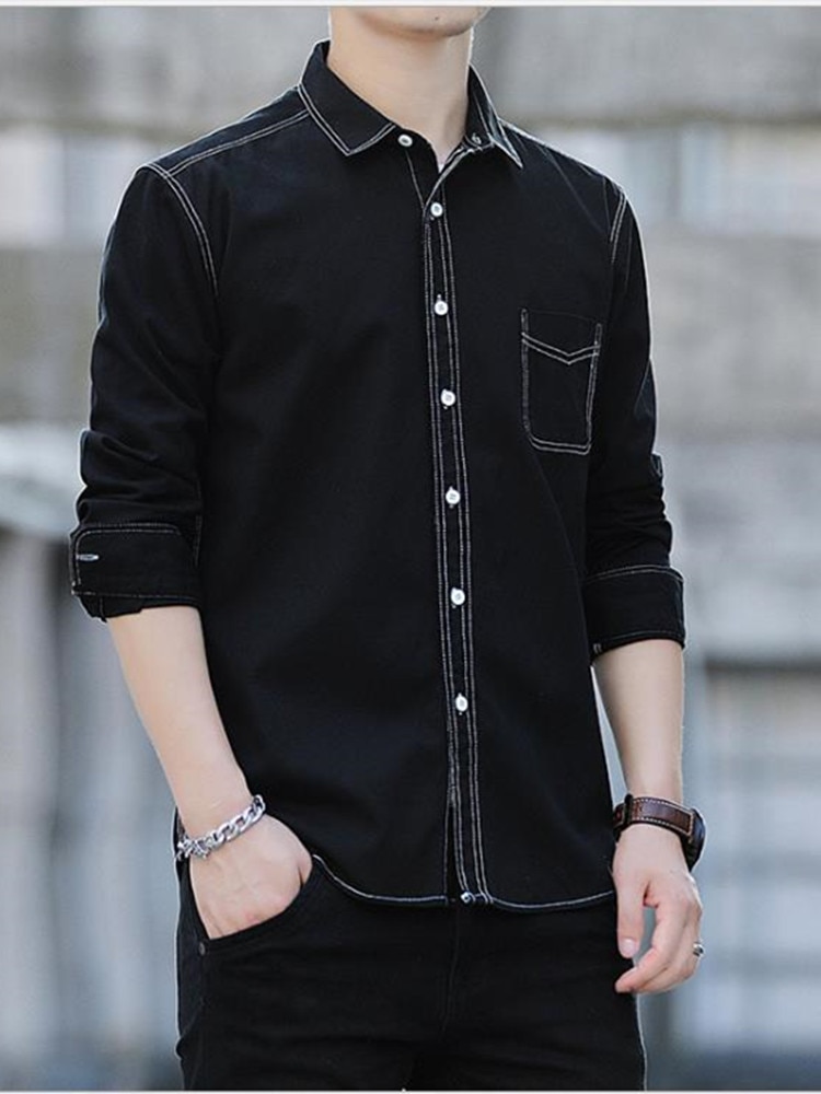 Camisa de algodón de 100% negra, camisa informal japonesa, tejano de imitación, lisa, de manga larga, simple, a la , novedad de