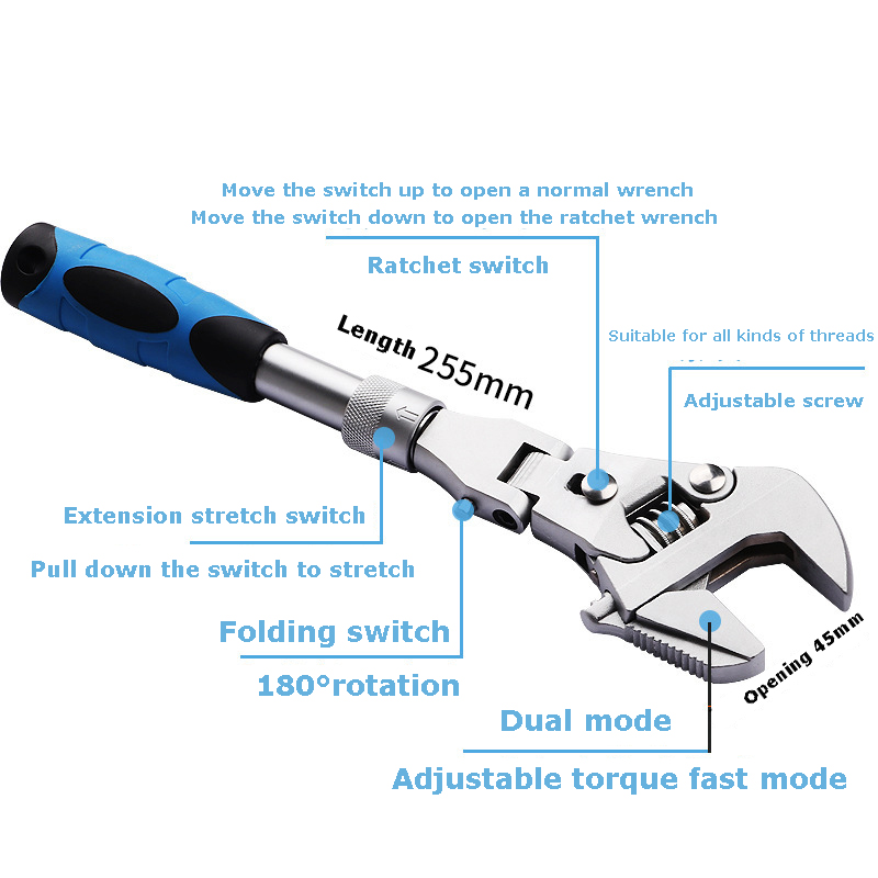 10-inch Ratchet Adjustable Wrench 5-in-1 Torque Wrench Can Rotate and Fold 180 Degrees Pipe Telescopic Wrench Repair Tool