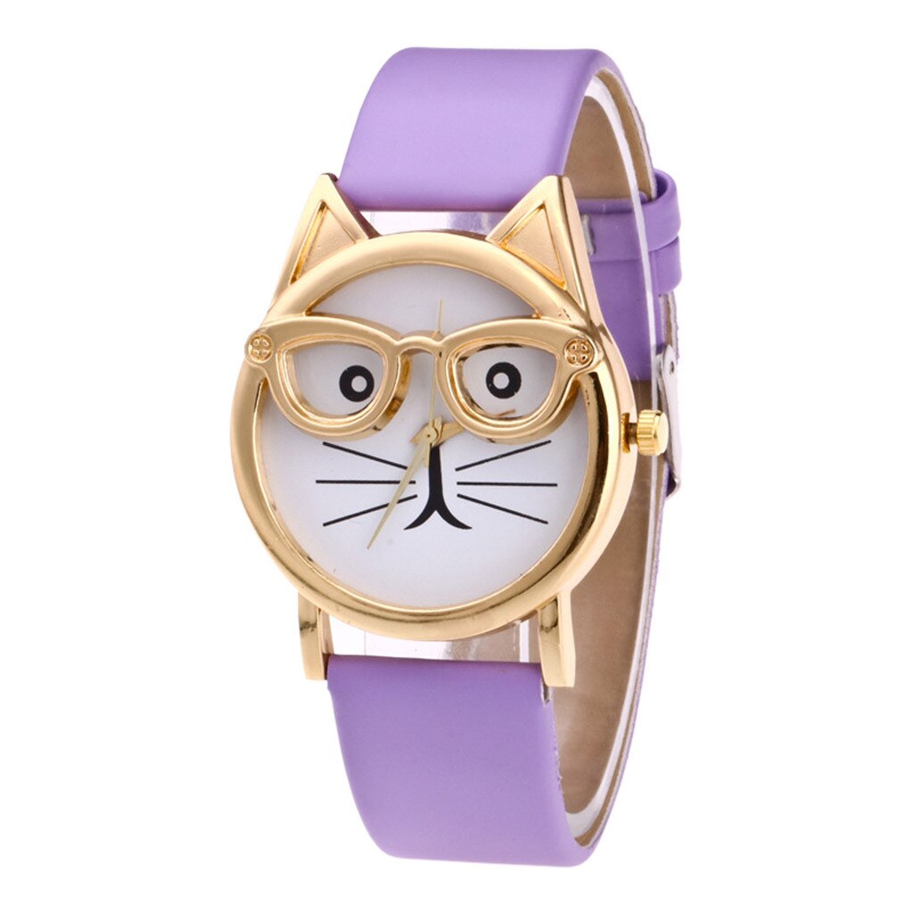 Casual Lovely Cat With Glasses Strap Dial Women's Quartz Watch часы женские horloge dames zegarki damskie: Purple 