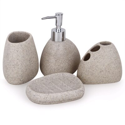 5 i 1 sett sett sandfarge harpiks bad ensemble bad sett såpeskål lotion dispenser tannbørsteholder kopp med lampe skuff vase: 4 stk hvit