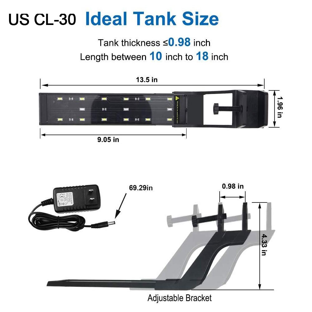 LED Aquarium Light Clip on Fish Tank Light with Extendable Bracket White and Blue LEDs Lamp Supply: US CL-30
