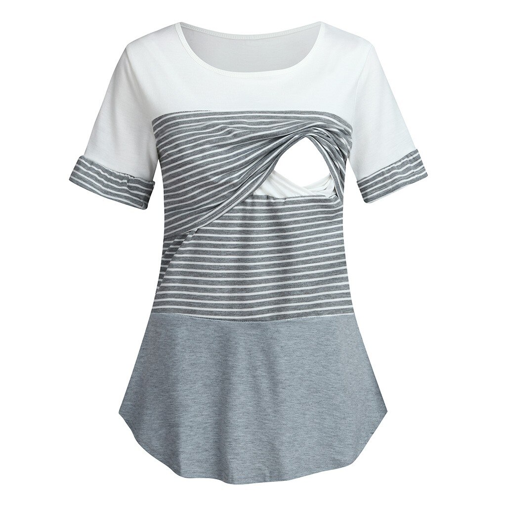 Maternity Clothes Women Maternity Short Sleeve Striped Nursing Baby Pregnancy shirt For Breastfeeding zwangerschaps kleding@30: Gray / XXL