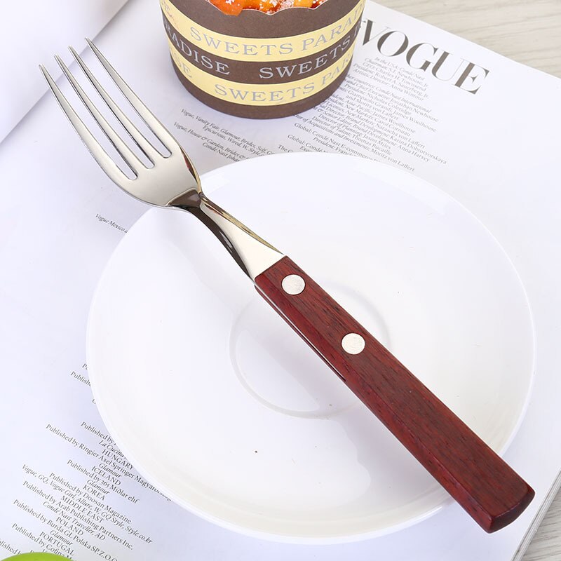 Rustfrit stål middagsske gaffel kniv bordservice metal spisestel træskaft bestik bryllup fest hotel køkken tilbehør: B-gaffel