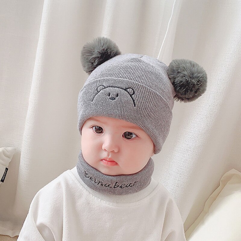 Baby winter warme mutsen 2 stuks peutermuts + twitter pompon kindermuts muts enfant gebreide schattige muts voor meisjes jongens 0-24 maanden: Grijze set
