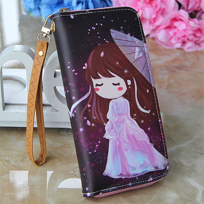 Lovely Women Girl Long Cartoon Raffiti Wallet Bag with Strap Card Holder Coin Purse Change Wallet Zip PU Leather Letter Handbags: 8