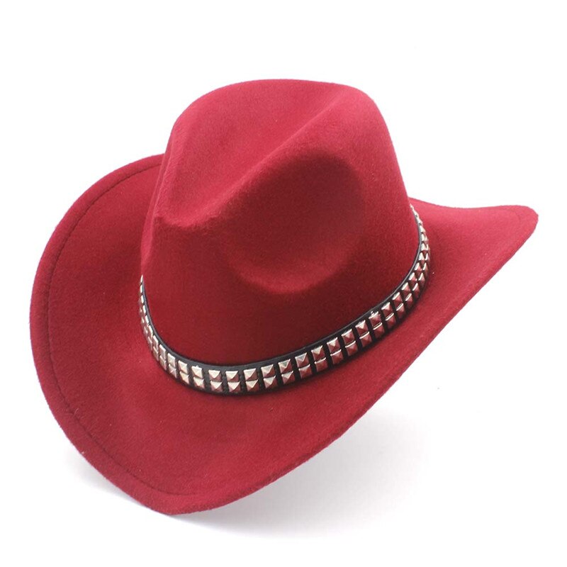 Women Men Wool Hollow Western Cowboy Hat With Wide Brim Felt Cowgirl Jazz Godfather Sombrero Cap Size 56-58CM Punk Belt A35: Wine red