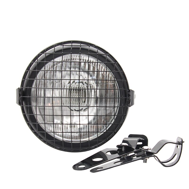 Retro Vintage Motorcycle Universal Side Mount 35W 6.5 Inch Transparent Headlight Cafe Racer with Grille + Bracket Kit