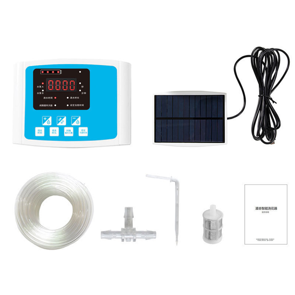 Garden Drip Irrigation Device Double Pump Controller Timer System Solar Energy Intelligent Automatic Watering Device for Plants: Single pump 20m blue