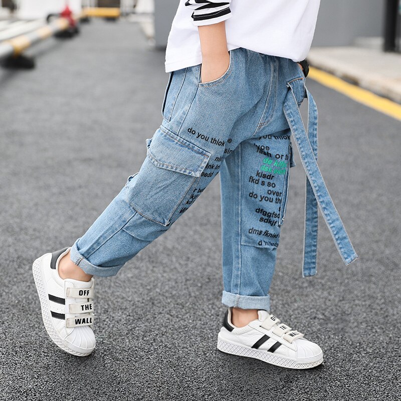 Pojke jeans barn barn cargo jeansbyxor småbarn resår midja höst höst trend ledig 3 to 13 år