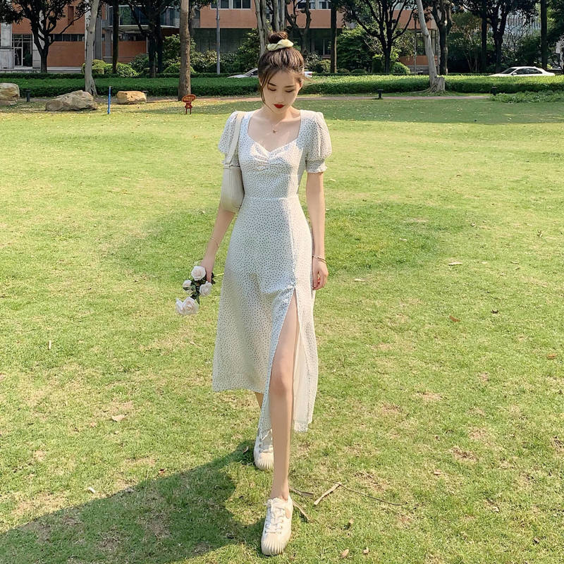 French White Square Collar Print Chiffon Dress Spring main image 0