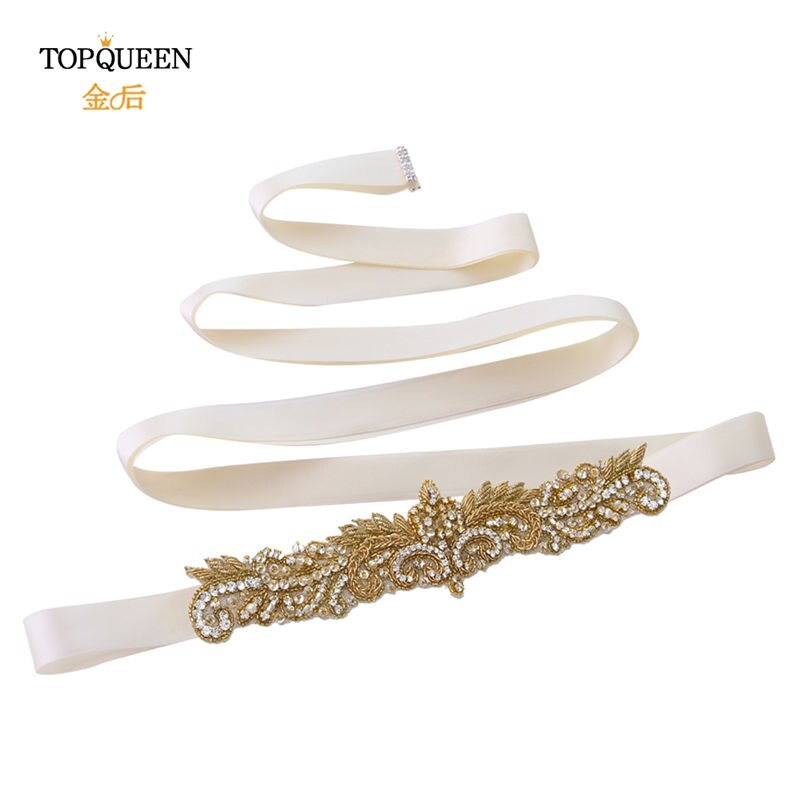 Topqueen  s375- g gull rhinestone midjebelte kvinner beaded bryllup belter india blonder brude sash belte gull belte for formell kjole: Elfenben