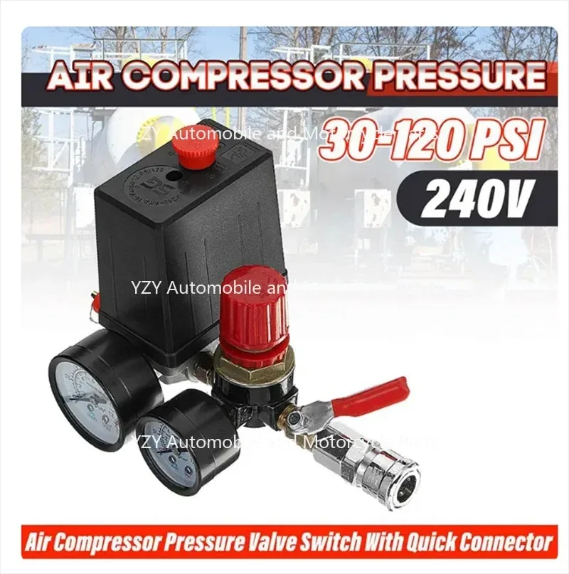 Small Air Compressor Pressure Switch Control Valve Regulator With Gauges Fittings Pneumatic Accessories Quick Response 240V