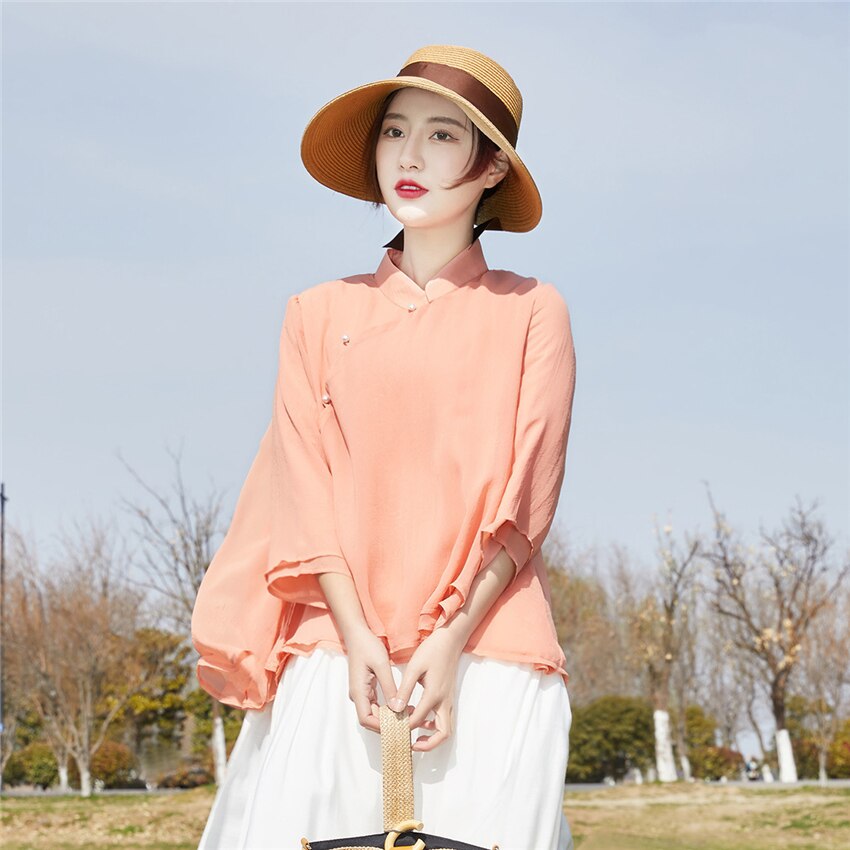 Ropa de estilo chino tradicional para mujer, Top con cuello alto, Color sólido, lino, algodón, Hanfu moderno, primavera y otoño, 2022: Color2 / M